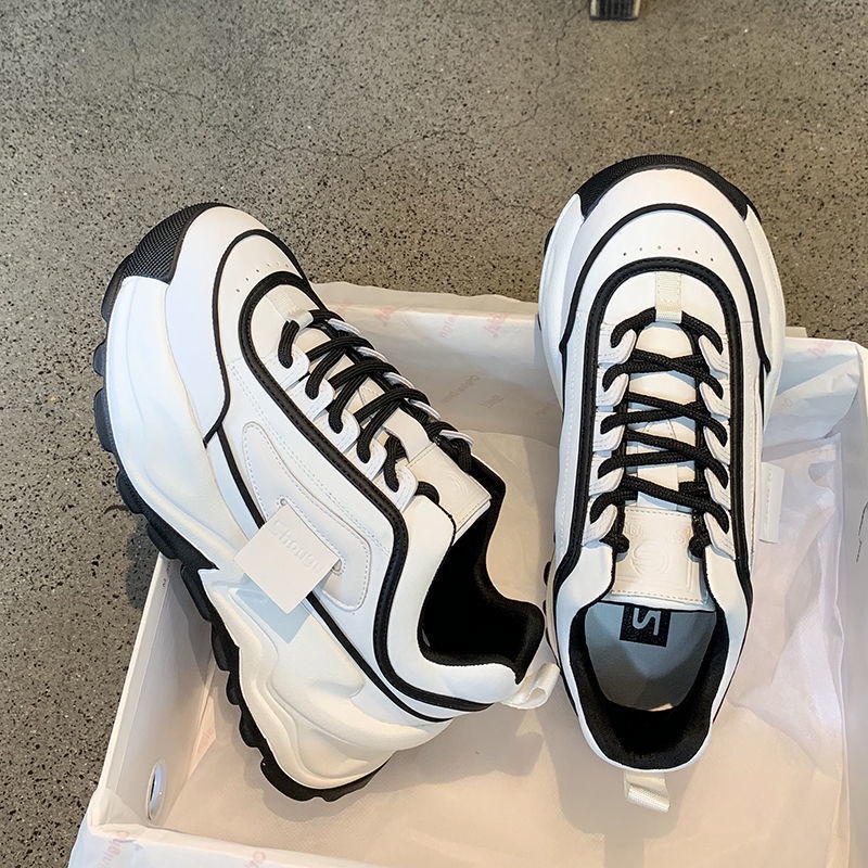 Giày sneaker IELGY cổ thấp đế dày màu khối bằng da kiểu Hàn Quốc cho nữ