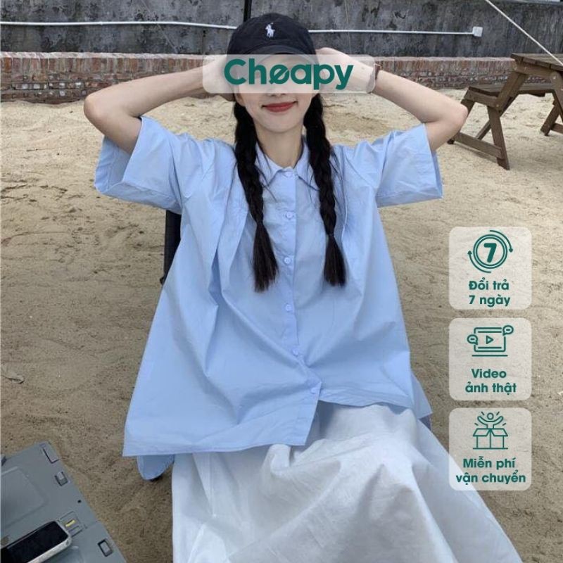 Áo sơ mi cổ sen xếp ly bên tay lỡ nữ trắng xanh freesize form rộng học sinh vintage Hàn Quốc cheapy C465