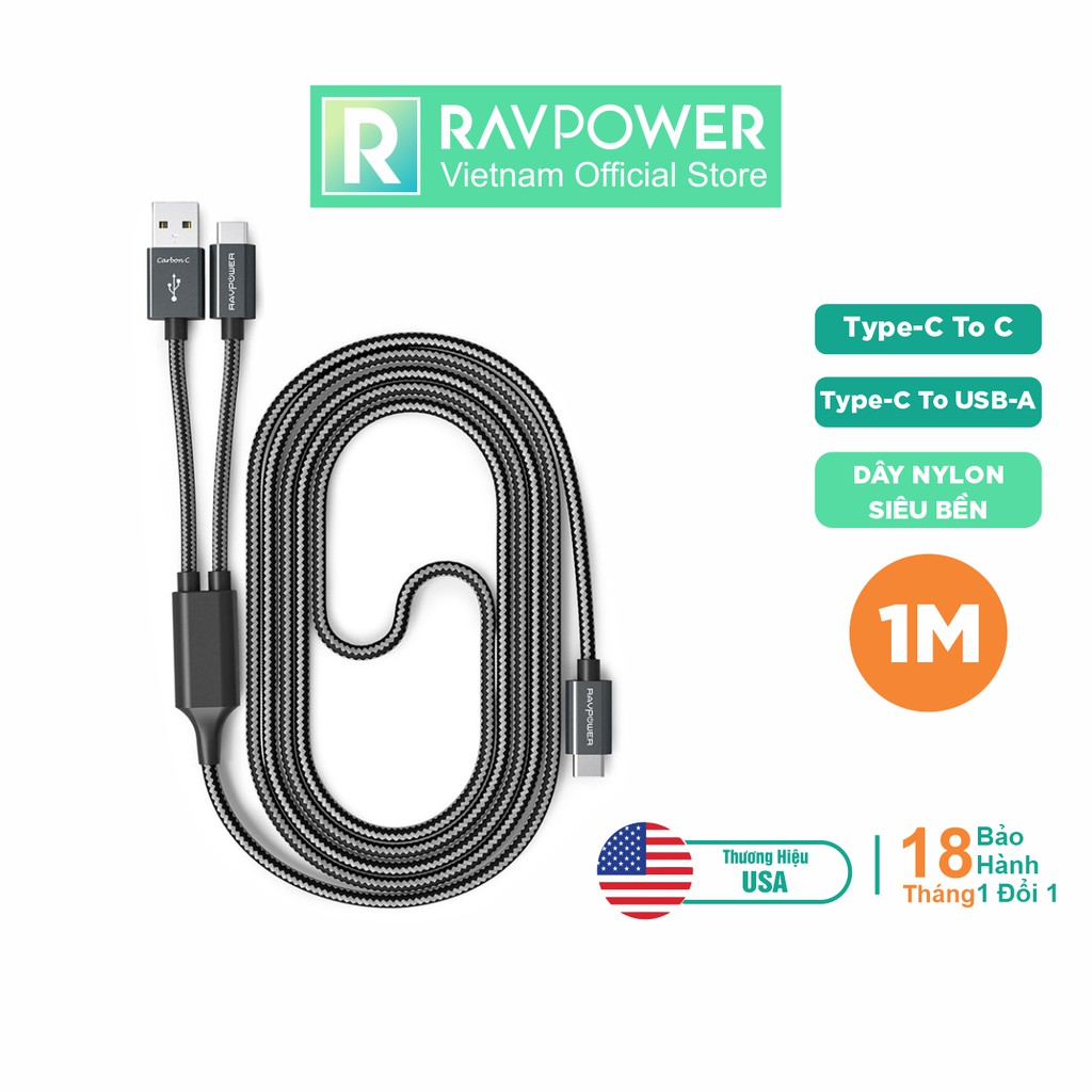 Dây Cáp kết nối RAVPower RP-TPC006, 2 trong 1, USB-A to USB-C và USB-C to USB-C