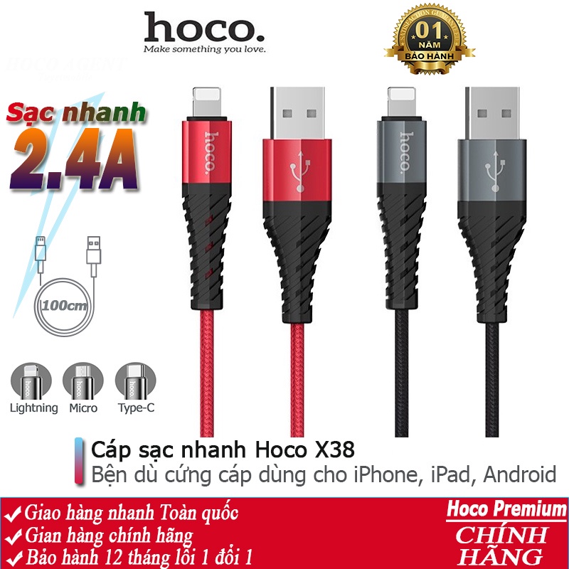 Cáp sạc nhanh Hoco X38 đầu gập 2.4A full iPhone, Android, iPad dây dài 1m - Chính hãng