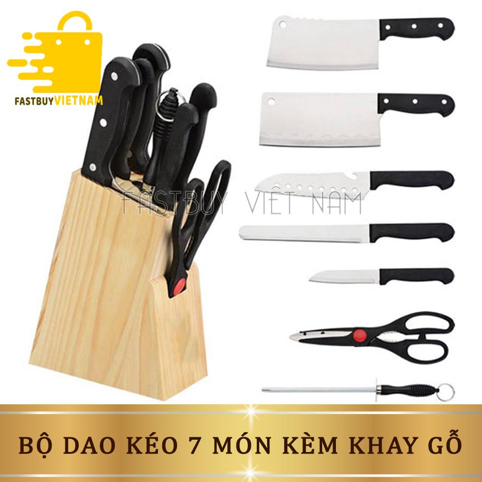 Bộ Dao Làm Bếp 7 Món Cao Cấp Đa Năng , Chất Liệu Hợp Kim Inox Chống Gỉ Lưỡi Siêu Sắc + Tặng Kèm Hộp Khay Gỗ Thông Minh