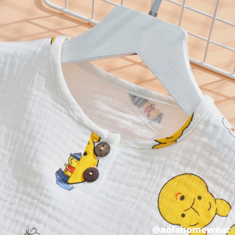 Bộ hè bé trai xô muslin mềm mát, bộ cộc tay bé trai hình gấu Áo Lá Homewear MUCT22
