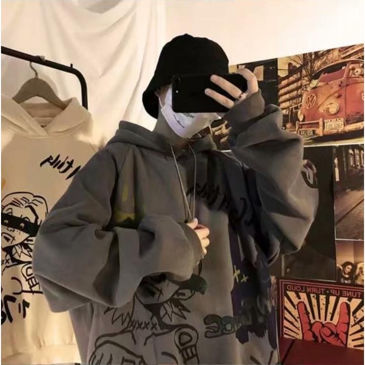 Áo Hoodie Dáng Rộng Phối Nhung Họa Tiết graffiti Phong Cách hip hop Hàn Quốc Thời Trang Thu Đông Cho Nam