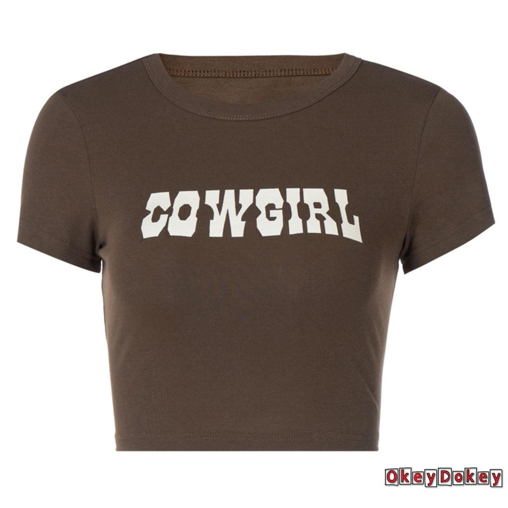 Áo Croptop Ngắn Tay Cổ Tròn In Chữ Dáng Ôm Gợi Cảm Cho Nữ