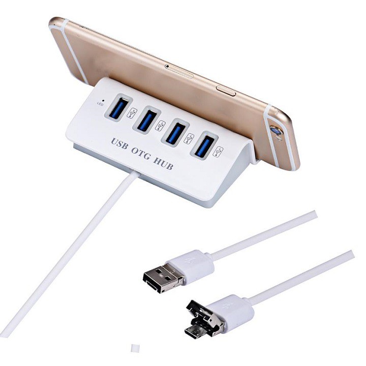 Bộ Hub chia 4 Cổng USB OTG HUB kiêm Dock cho Điện Thoại &amp; Máy Tính