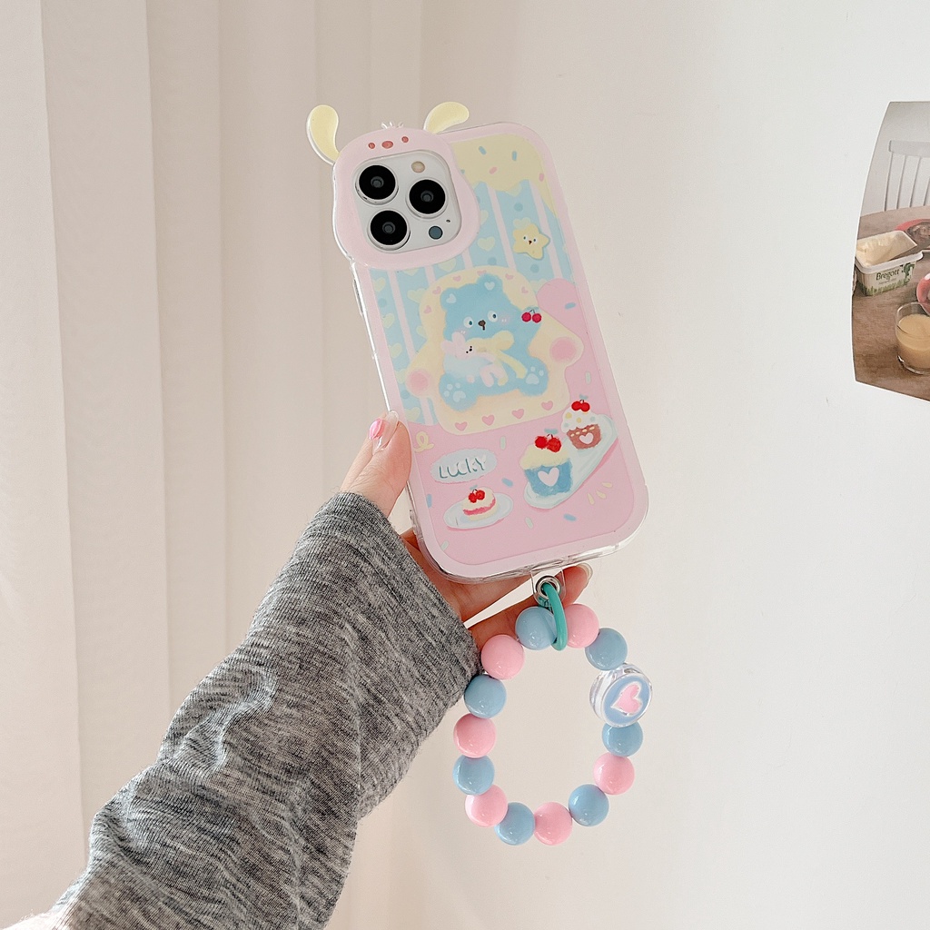 Ốp Điện Thoại TPU Silicon Mềm Chống Rơi Hình Gấu / Bánh Kem 3D Có Dây Đeo Ngọc Trai Cho iphone 13 12 11 Pro XS Max XR