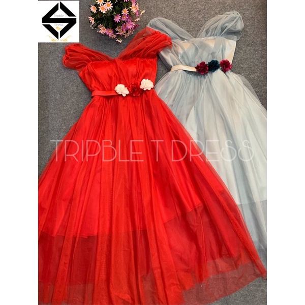 Đầm xoè dự tiệc rớt vai hoặc cổ V lưới siêu xinh TRIPBLE T DRESS -size M/L/XL - MS37V