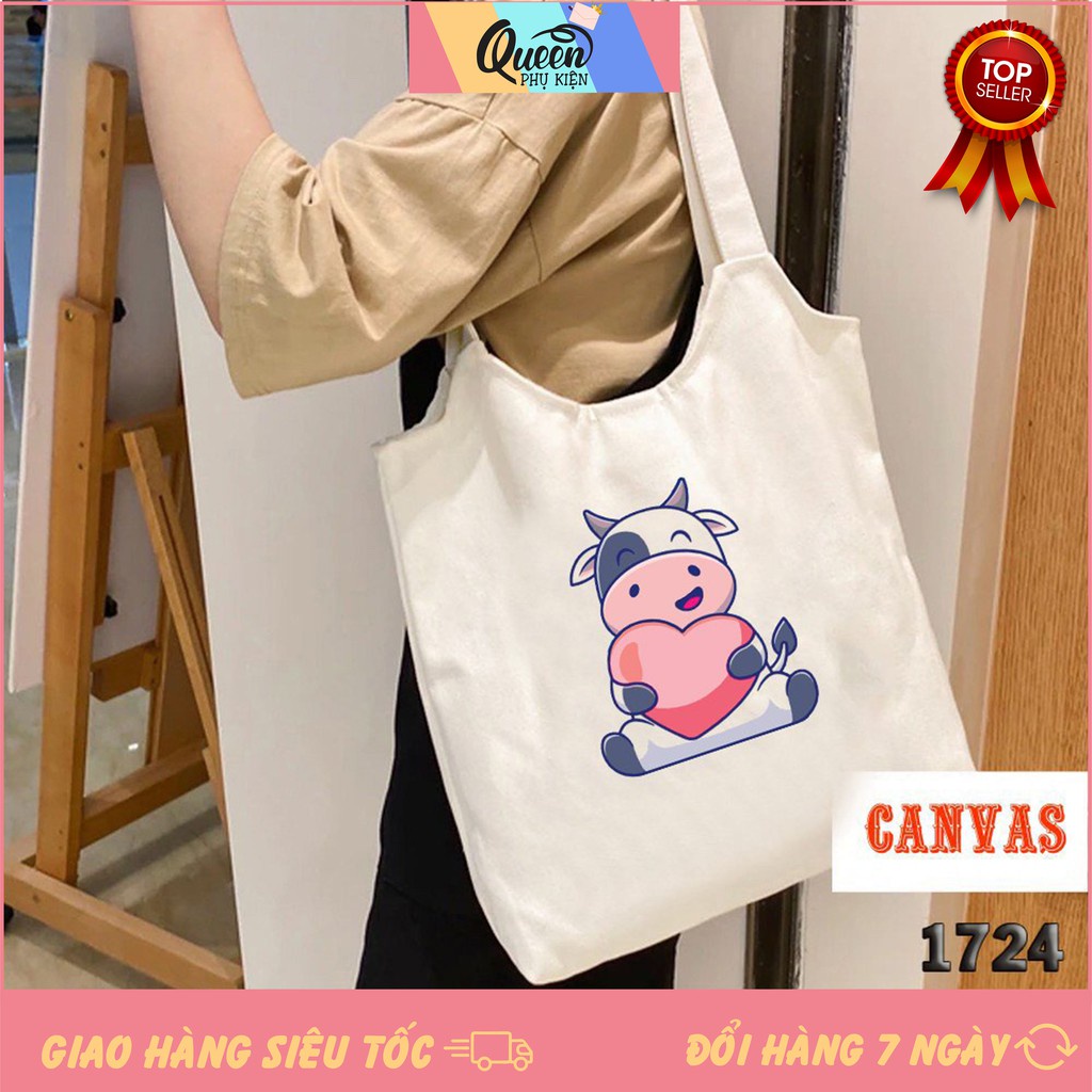 Túi Tote Trắng Vải Canvas Thời Trang Dạo Phố 1024 487 Bò Sữa Trái Tim Dễ Thương