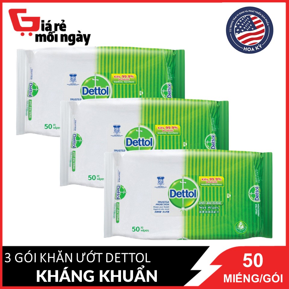 Combo 3 Khăn Ướt Dettol Kháng Khuẩn 50 Miếng