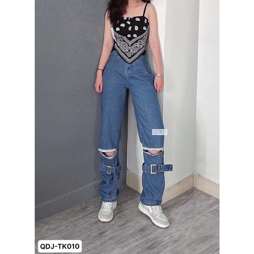 Quần jean baggy ống rộng khóa gối TK-010 GINHOUSESHOP trendy ống rộng siêu đẹp