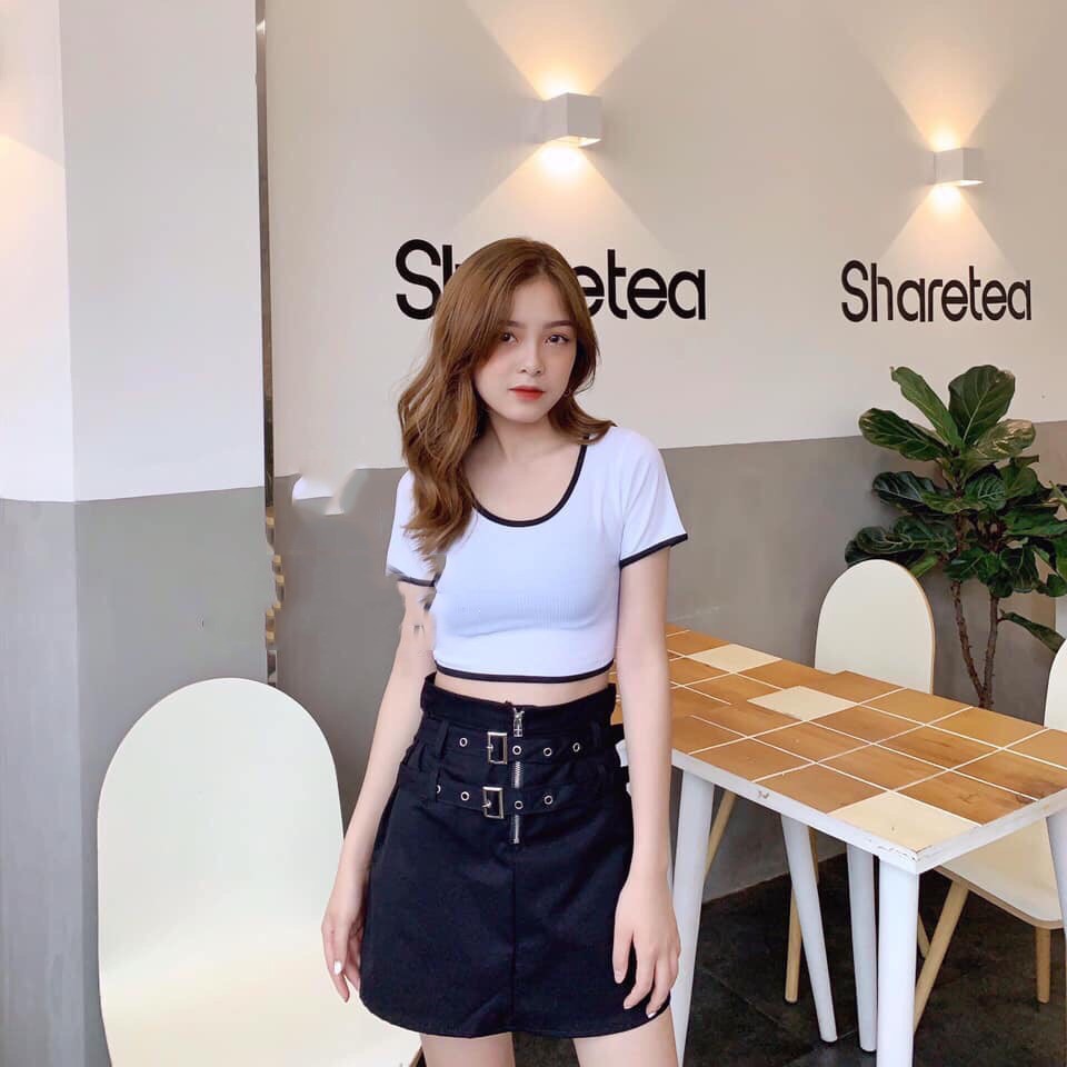 Áo croptop trơn thun lụa viền xinh GB16094