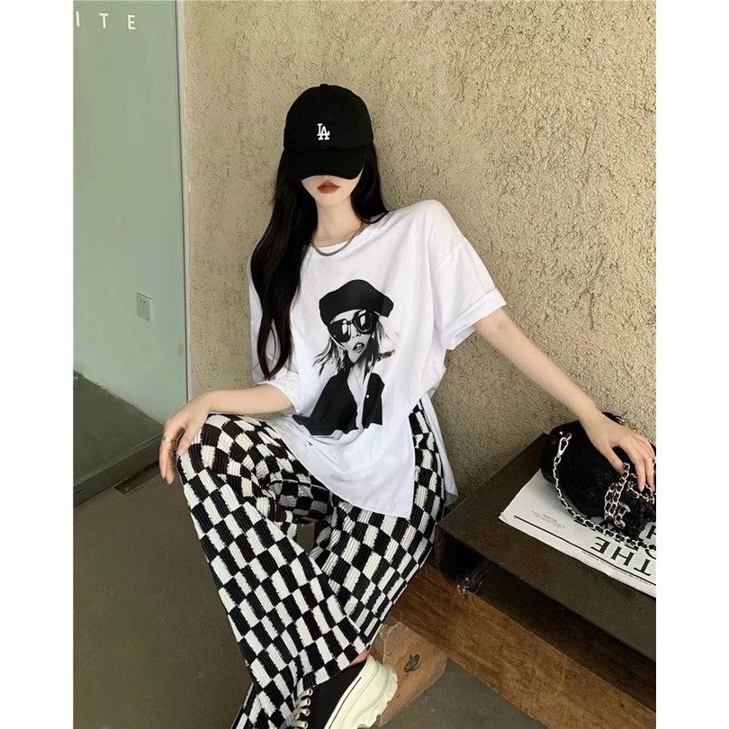 Set Áo Thun Ngắn Tay + Quần Dài Ống Rộng Lưng Cao Thời Trang Cho Nữ