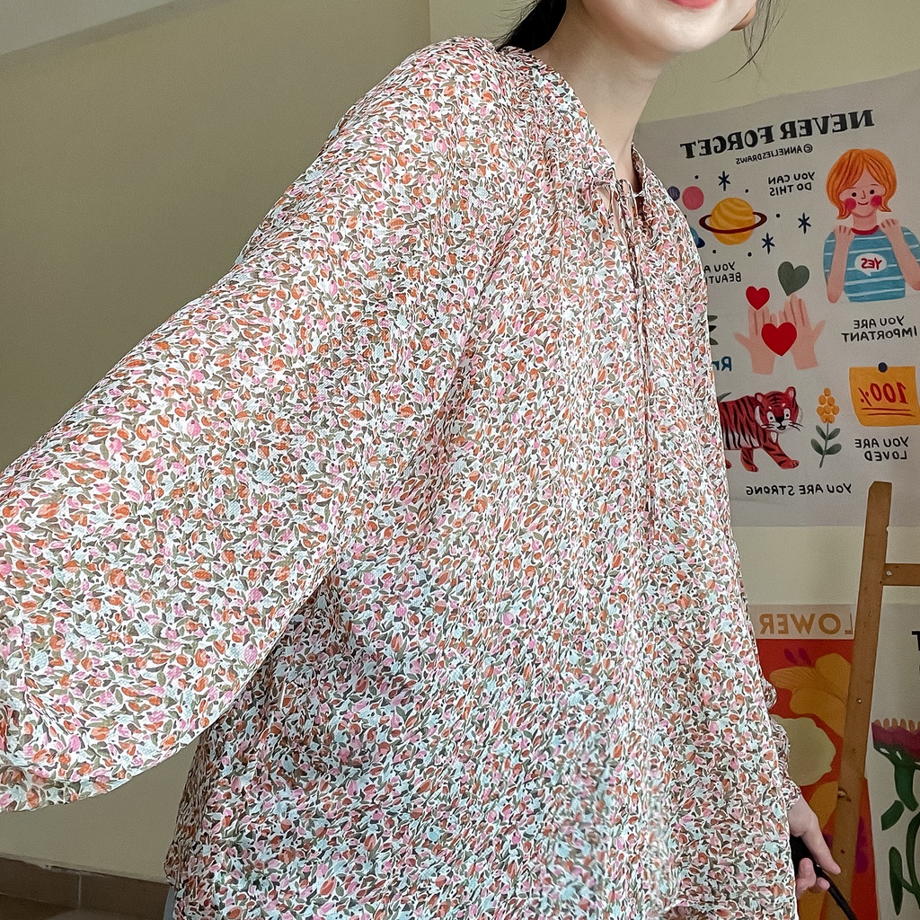 Áo kiểu nữ dài tay cổ xẻ cách điệu nhẹ nhàng Cari [ Méo Shop ]