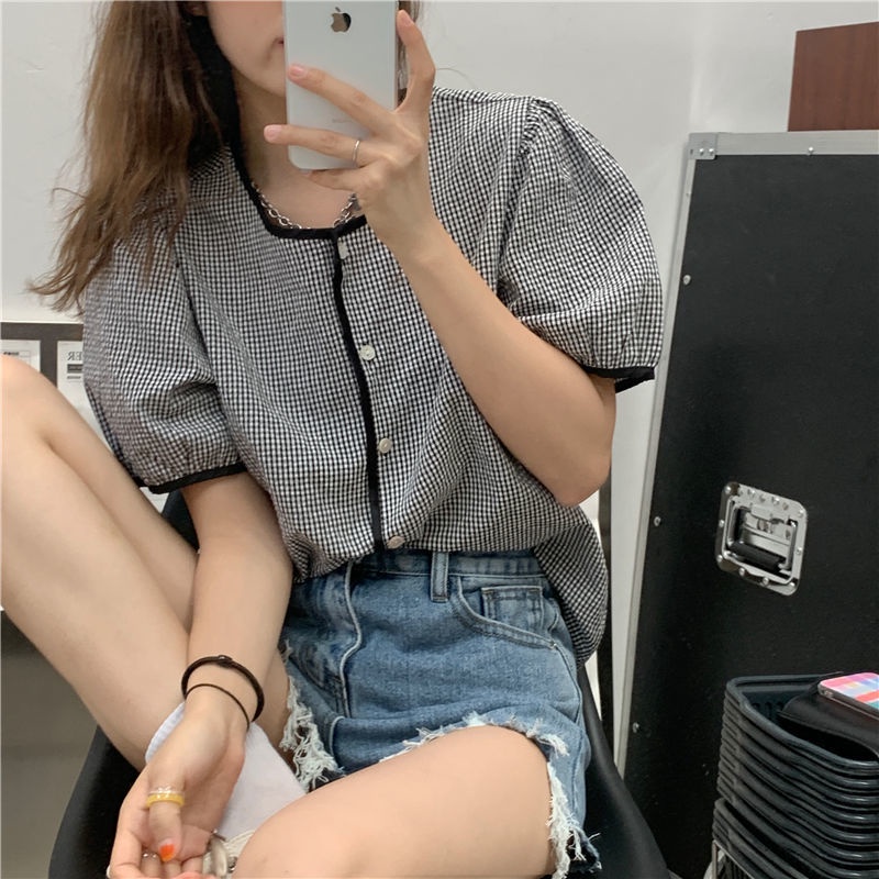 Áo sơ mi tay ngắn phồng họa tiết sọc caro thời trang theo phong cách hàn quốc cho nữ