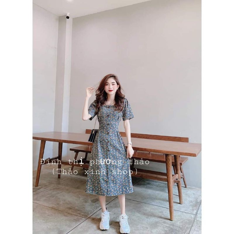 Váy hoa nhí nhung bo eo 2 màu cam đất, xanh siêu xinh