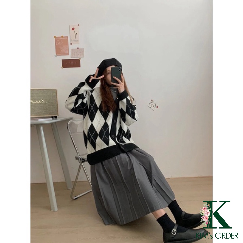 Áo cardigan nữ khoác ngoài màu hồng đen chất len hoạ tiết hình quả trám to phom rộng loại 1 phong cách tiểu thư Hàn Quốc