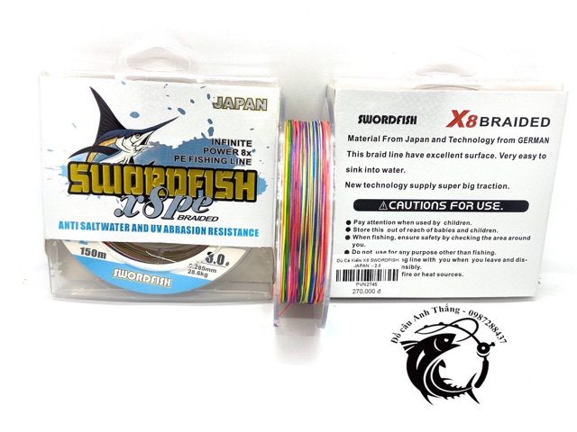 Dây dù cá kiếm X8 Swordfish 150m Japan, dù pe nổi câu lure, câu lục, câu biển