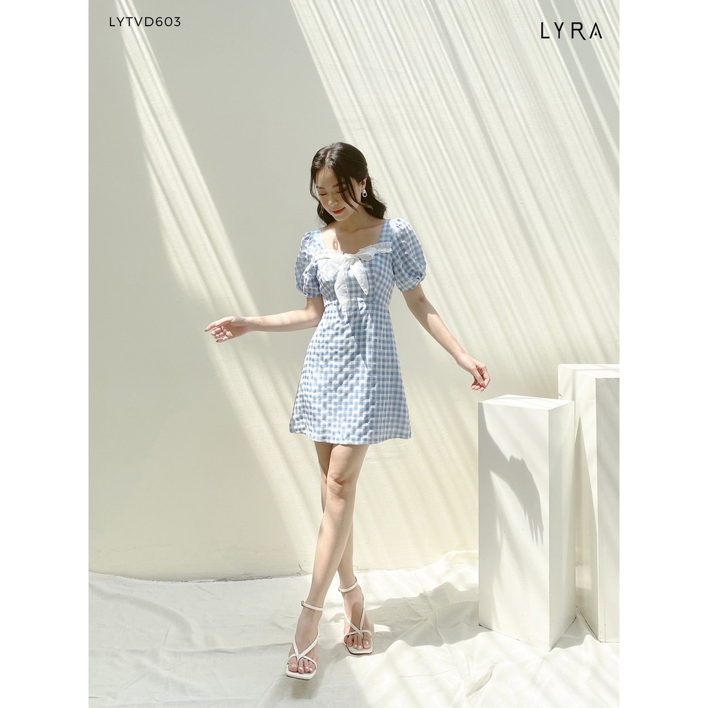 Váy kẻ caro nữ cổ vuông thiết kế by LYRA, kiểu dáng đẹp phối nơ cổ tay phồng xinh xắn, ngọt ngào-LYTVD603