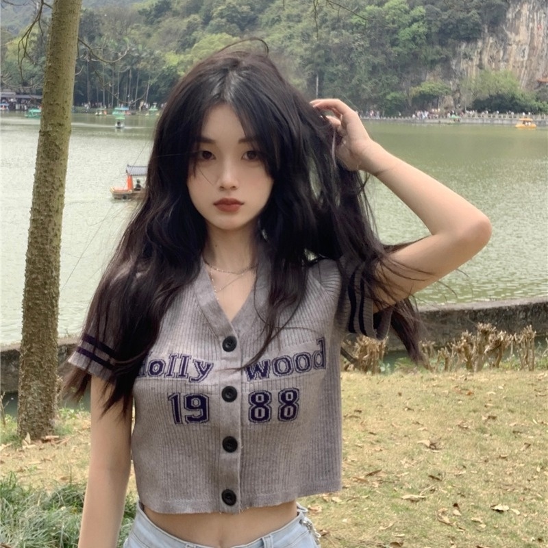 Áo thun ZHELIHANGFEI dệt kim tay ngắn in chữ thời trang dành cho nữ