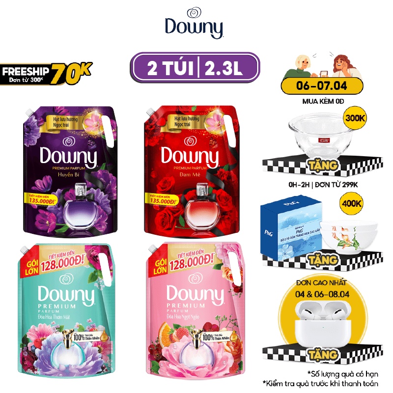 Combo 2 Túi Nước Xả Vải DOWNY Nắng Mai 2.3L/ Đam Mê 2.2L/ Huyền Bí 2.2L