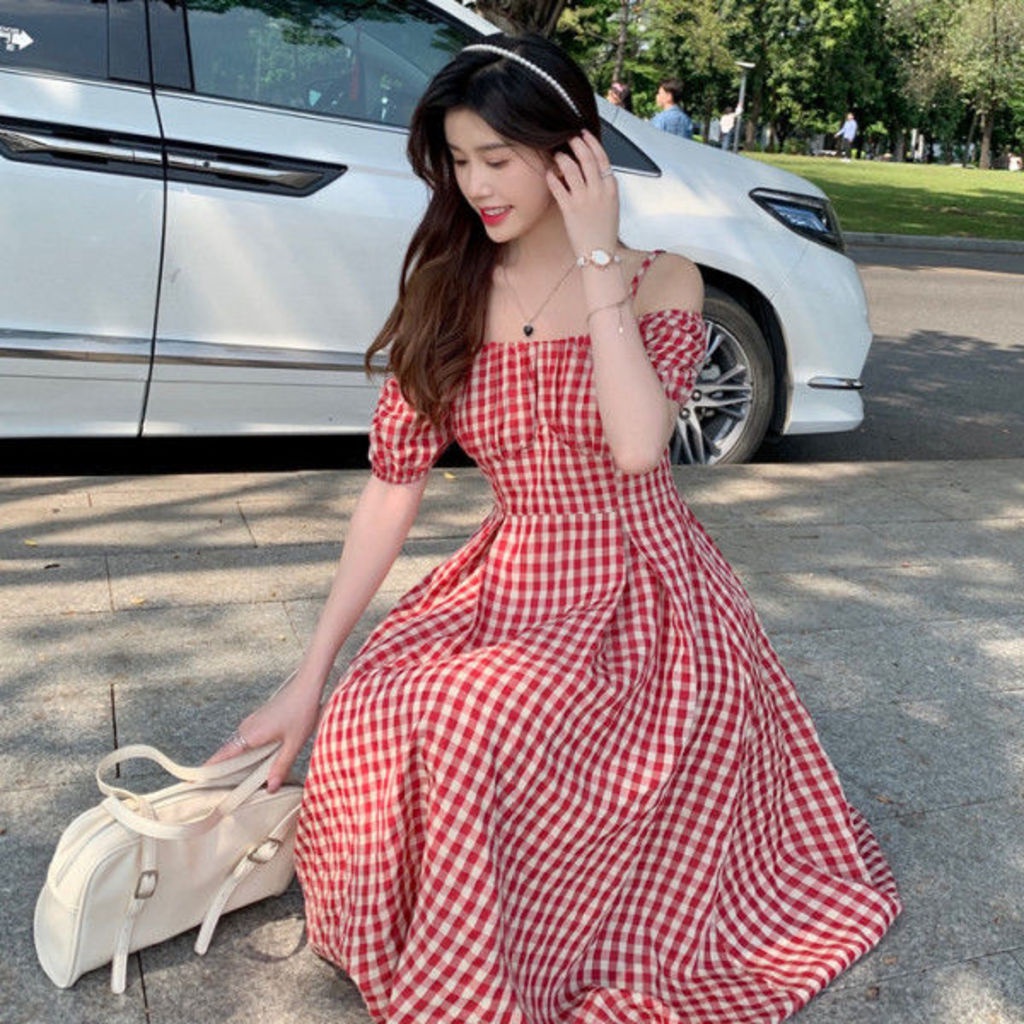 Đầm Tay Ngắn Họa Tiết Sọc Caro Ngọt Ngào Thời Trang Mùa Hè