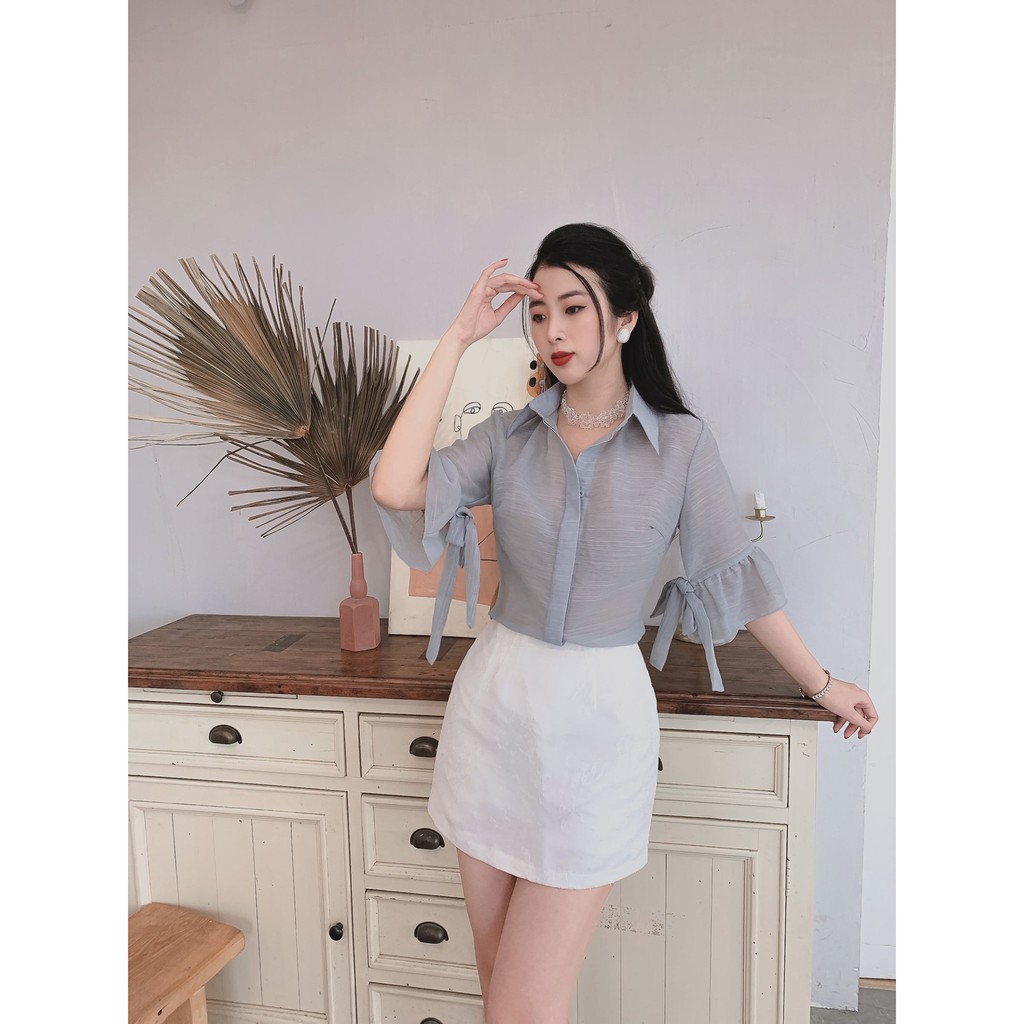 Áo sơ mi xanh ngọc cổ đứng thiết kế hiện đại chất liệu tơ xước mềm mại| DREAM - G.A OFFICIAL