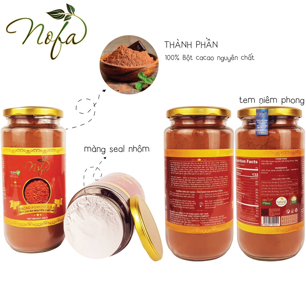 Bột Ca Cao Nofa Nguyên Chất Hữu Cơ 500g, Giảm Cân, Ăn Kiêng, Diet, Nhập Khẩu Mỹ