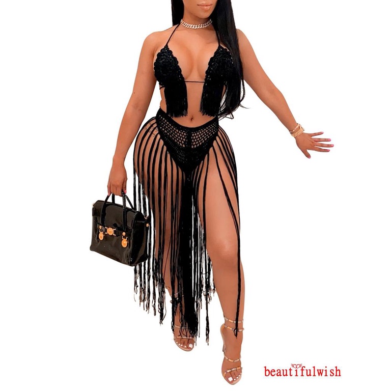 Bộ bikini đan len + quần lót tua rua dài thời trang đi biển mùa hè cho nữ
 | BigBuy360 - bigbuy360.vn