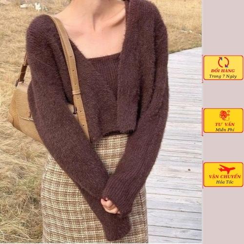 Set áo cardigan len nữ lông thỏ kèm áo 2 dây ulzzang Hàn Quốc mùa thu đông