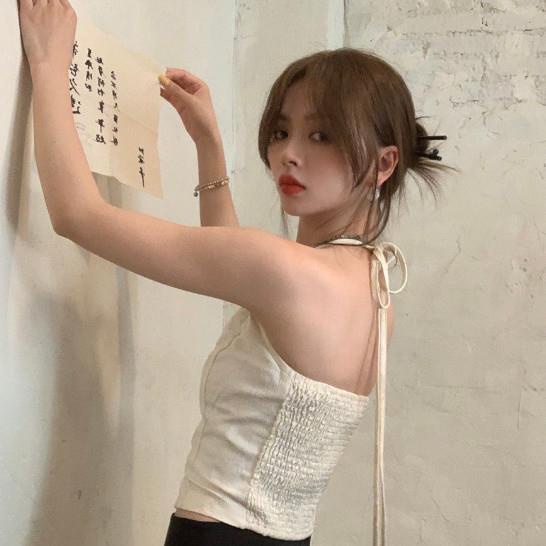 Áo Hai Dây Cổ Yếm Dáng Ngắn Màu Trắng Phong Cách Trung Hoa Thời Trang Mùa Hè Xinh Xắn Cho Nữ