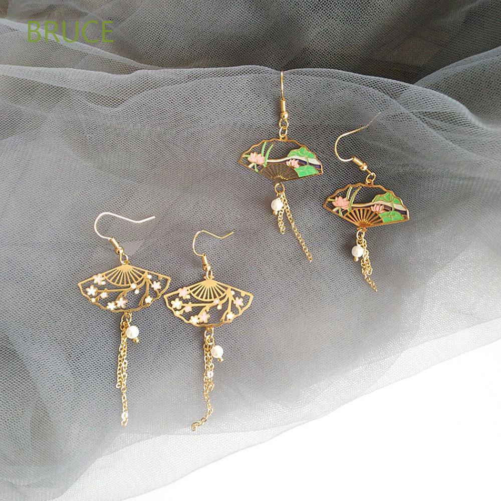 Bông tai dài hình quạt rỗng họa tiết đám mây/hoa anh đào/lá sen đính ngọc trai giả phong cách Trung Hoa cho nữ