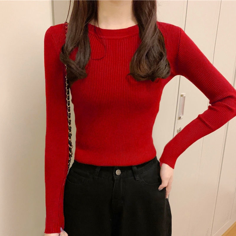 Áo Len Tay Dài Cổ Tròn Màu Trắng Đen Thời Trang Cho Nữ