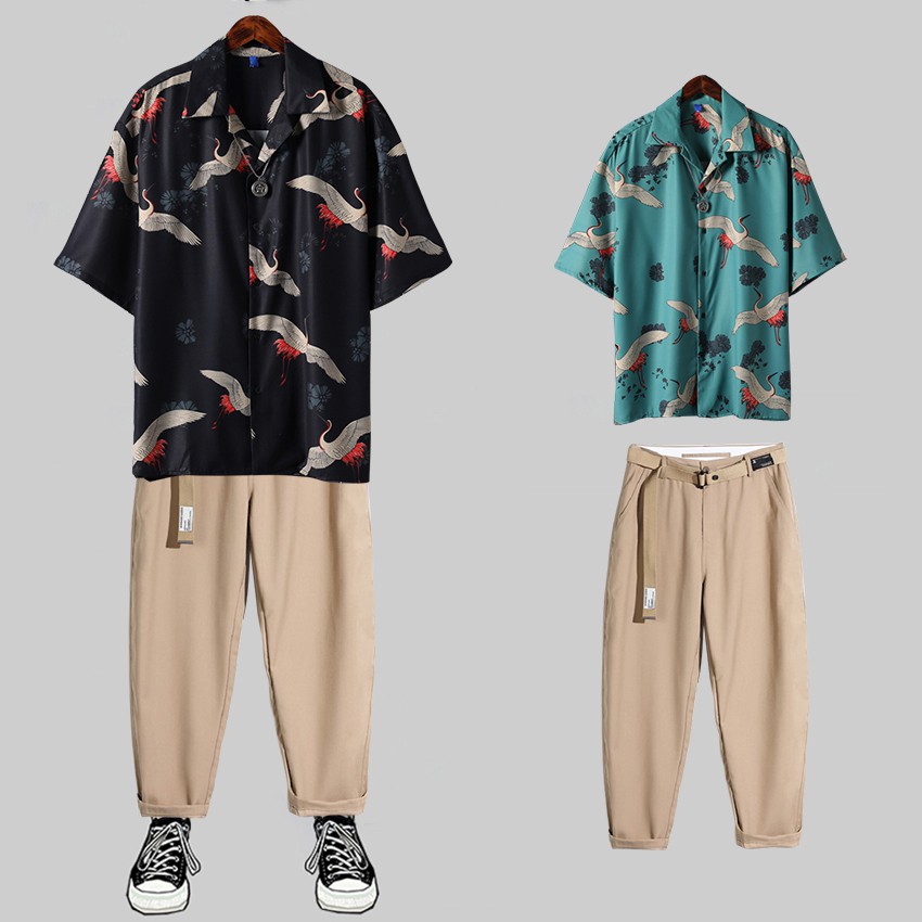 Combo Áo Sơ Mi Ngắn Tay Hoạ Tiết Chim Hạc Kết Hợp Quần Tây Âu Dáng Baggy (Tặng Dây Lưng) SOMI 35 + JOGGER 66 CR | BigBuy360 - bigbuy360.vn