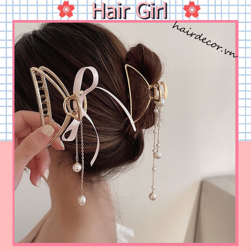 Kẹp Tóc Kim Loại Hình Nơ Đính Hạt Giả Ngọc Trai