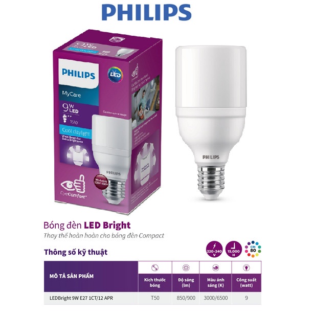 BÓNG LED BRIGHT 9W E27 1CT/12 APR PHILIPS