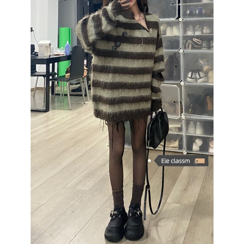 Áo Sweater Dệt Kim Kẻ Sọc Ngang Phong Cách Hàn Quốc Ngọt Ngào Cho Nữ