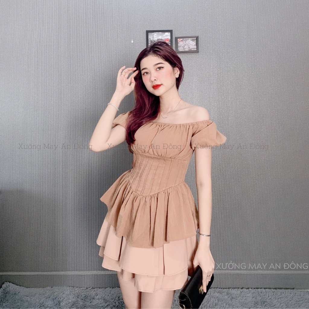 Sét Áo Trễ Vai Tay Bồng Cúp Ngực, Chân Váy Xếp Ly 3 Tầng