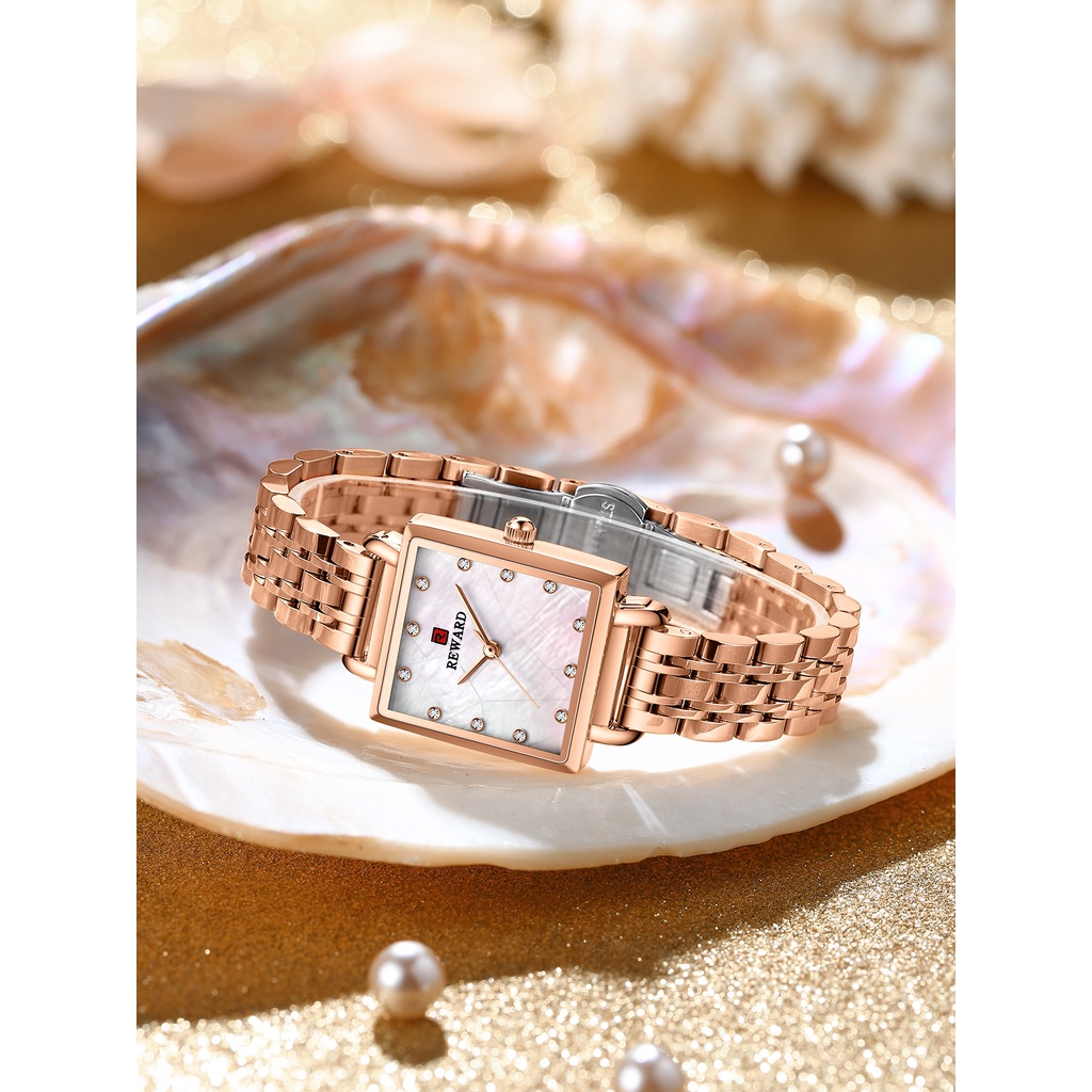 Đồng Hồ Quartz Mặt Vuông Chống Thấm Nước Màu Vàng Hồng Bằng Thép Thời Trang 21041