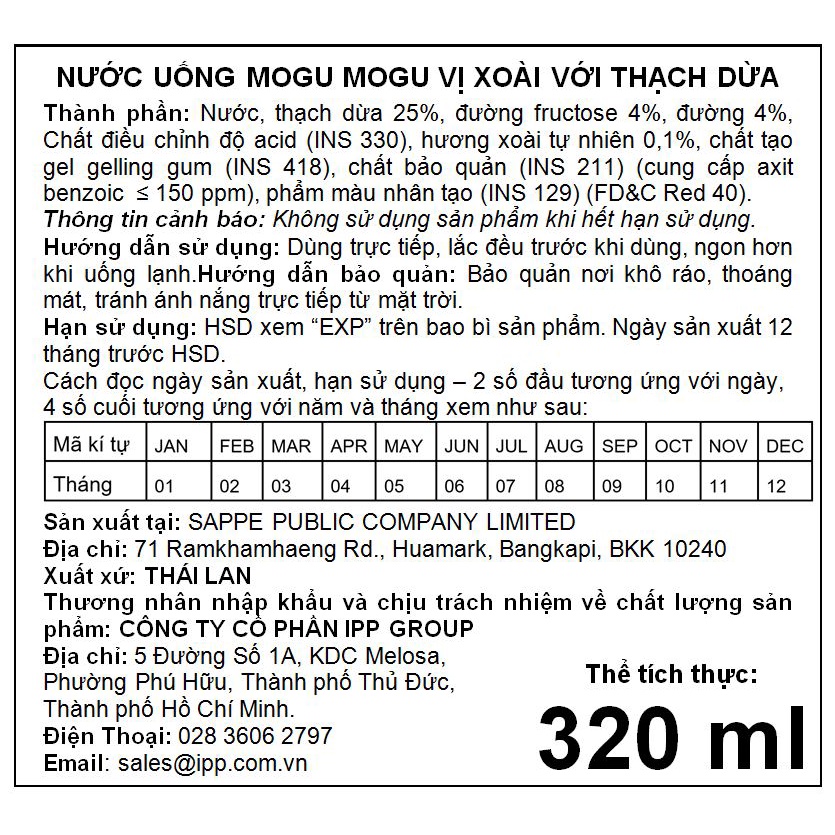 Nước Thạch Dừa Hương Xoài MOGU MOGU - 320ML