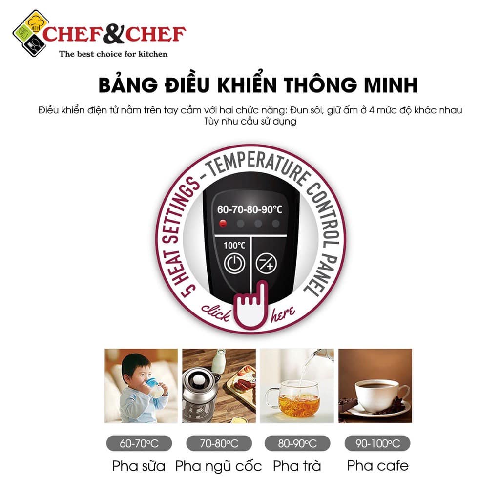 Ấm đun siêu tốc thủy tinh CHEF&amp;CHEF CH1730D 1.7 lít điều khiển điện tử thông minh