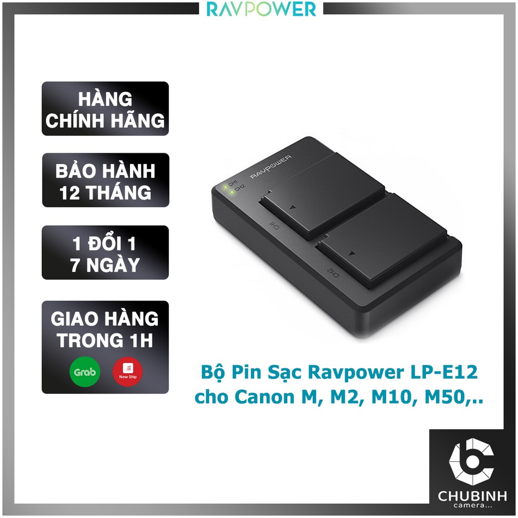 Bộ Pin + Sạc LP E12 Ravpower (cho Canon M, M2, M10, M50, M100, 100D, Kiss X7 , SX70 HS,...) | Chính Hãng