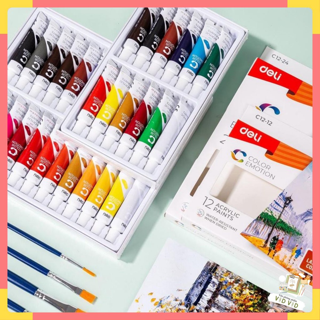 Màu nước DELI CAO CẤP Acrylic dạng tuýp 12ml chất - 12/24 màu - 1 hộp - EC12 EC24 chính hãng MÀU NƯỚC CHUYÊN NGHIỆP