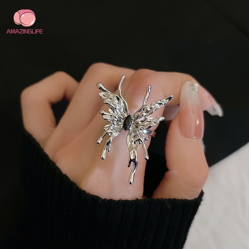 [Amazinglife] Nhẫn Dạng Lỏng Hình Bướm Bằng Kim Loại Mạ Bạc Phong Cách Punk Cá Tính Làm Quà Tặng Đám Cưới Cho Cặp Đôi Nam Nữ
