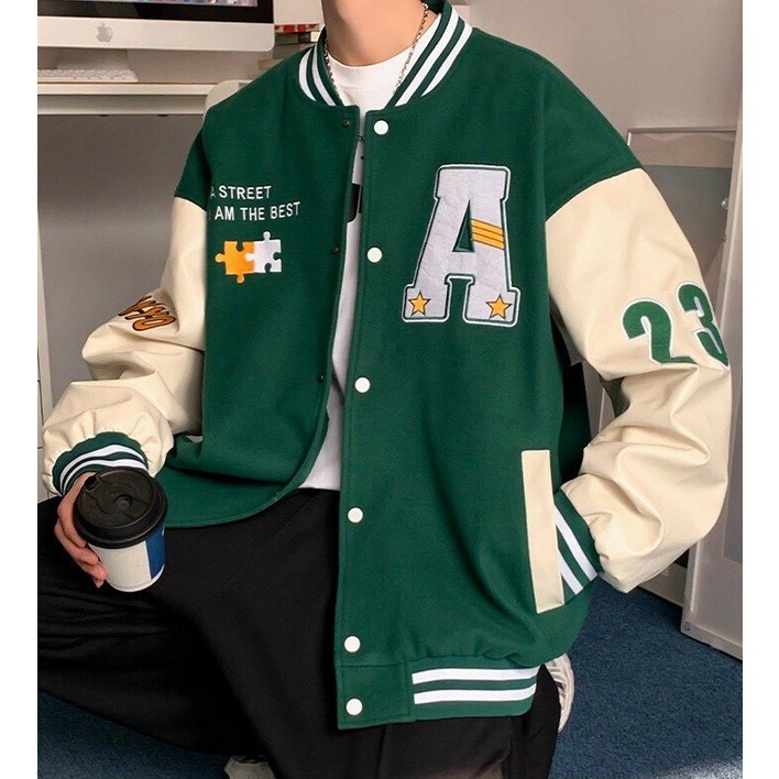 Áo Khoác Bomber Nam Nữ Chất Nỉ Ngoại Form Rông Nút Gài Chữ A Unisex