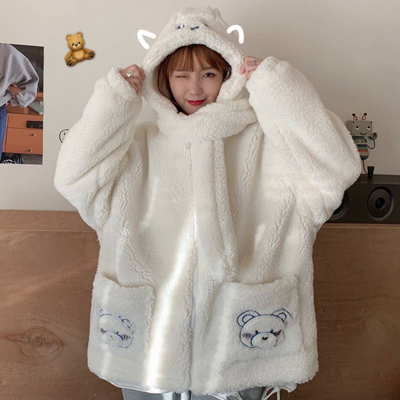 Áo lông nữ túi trước BEAR áo khoác màu trắng Hàn Quốc_VIETCEN