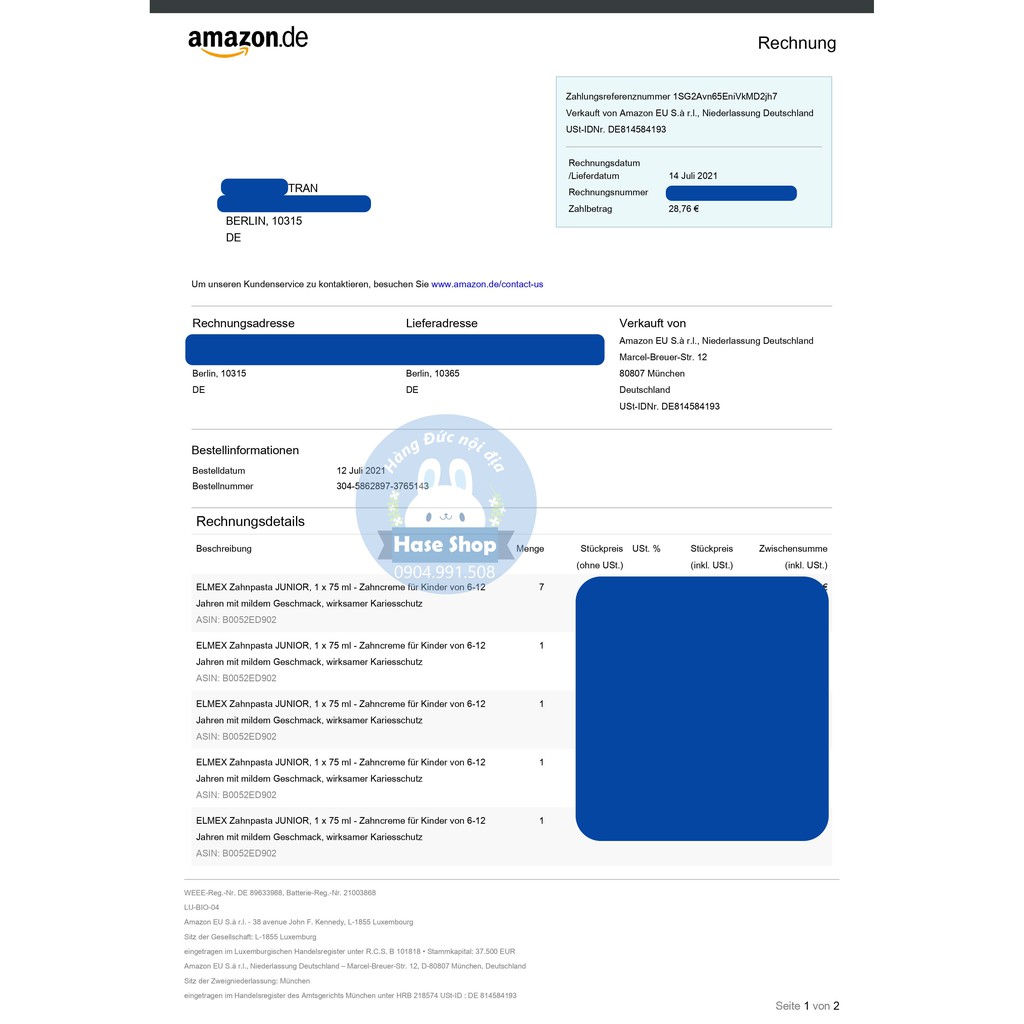 Kem đánh răng trẻ em Elmex 3-6/6-12 tuổi Đức nội địa đủ bill