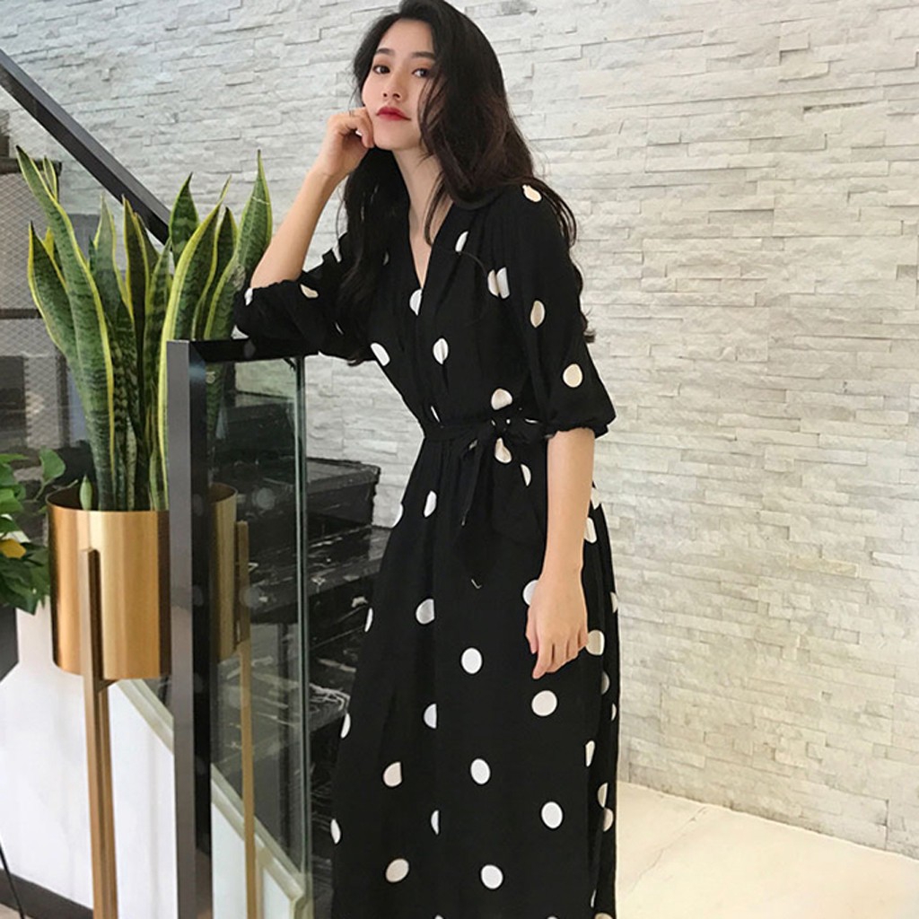 Đầm Maxi tay dài hoạ tiết chấm bi phong cách Hàn Quốc size S-XL