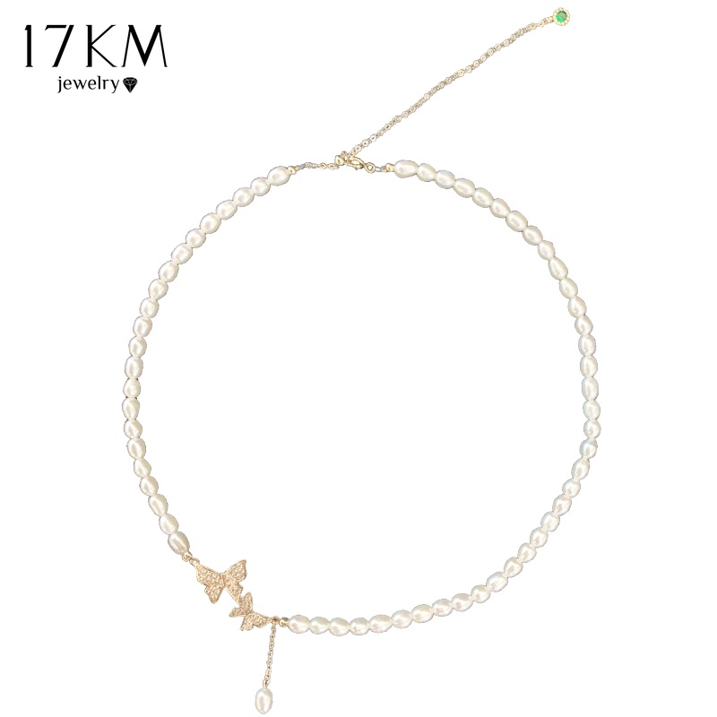 Vòng cổ 17KM mạ vàng mặt hình bươm bướm đính ngọc trai thanh lịch cho phái nữ