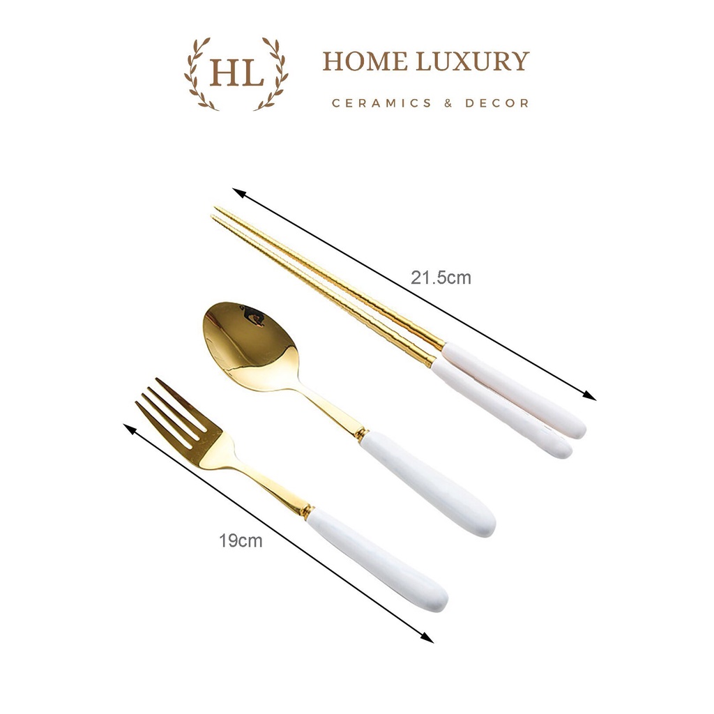 THÌA NĨA CÁN SỨ - Thìa nĩa inox mạ vàng cán sứ