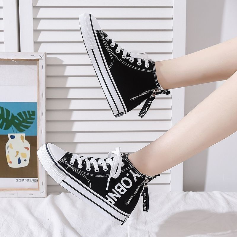Jiashucheng Giày Thể Thao Canvas Cổ Cao Phối Khóa Kéo Bên Hông Phong Cách Đường Phố Cho Nữ